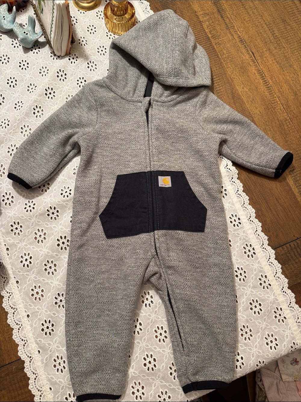 Carhartt Gray Hooded Infant One-Piece with Navy Pocket 3 months
